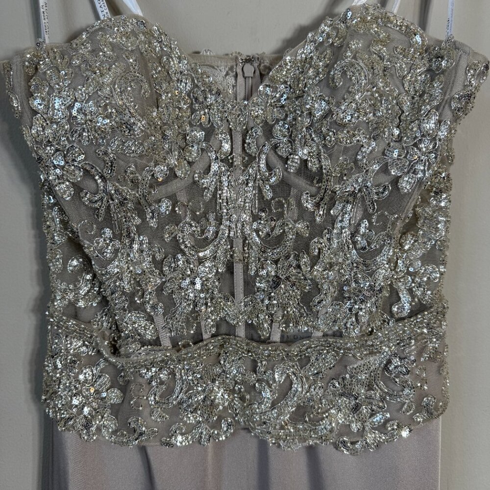 NWOT Montage by Mon Cheri Strapless Beaded Satin Gown Womens 12 Champage Sheer - Picture 6 of 15